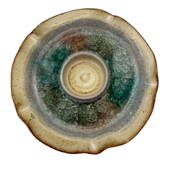 Stoneware Crackle Glaze Votive Candle Holder Dish Crushed Glass Pottery USA - Picture 2 of 8